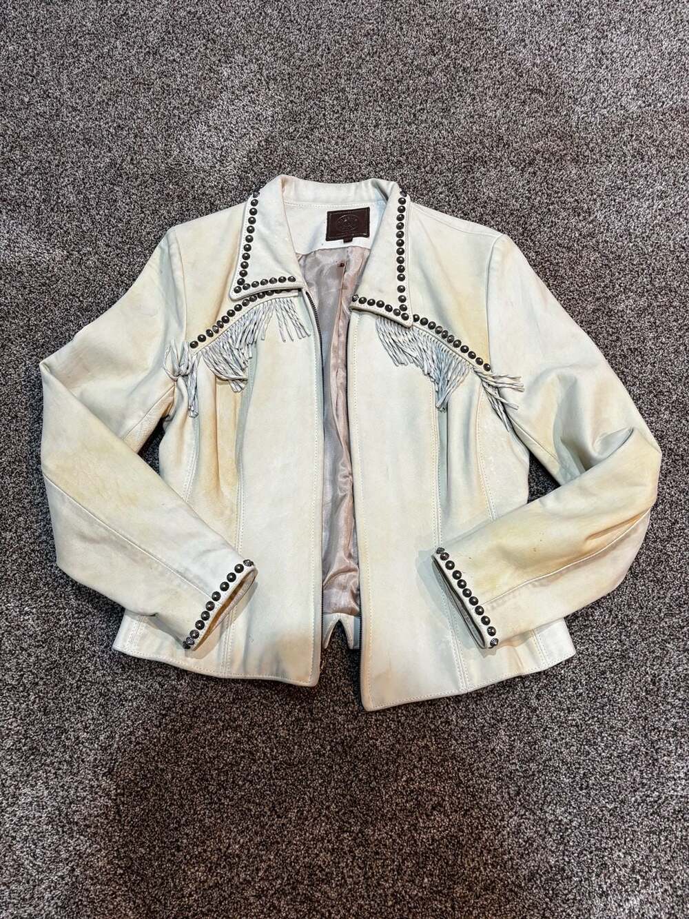 Double D Ranch Western Ivory Suede Leather Fringe Studded Jacket